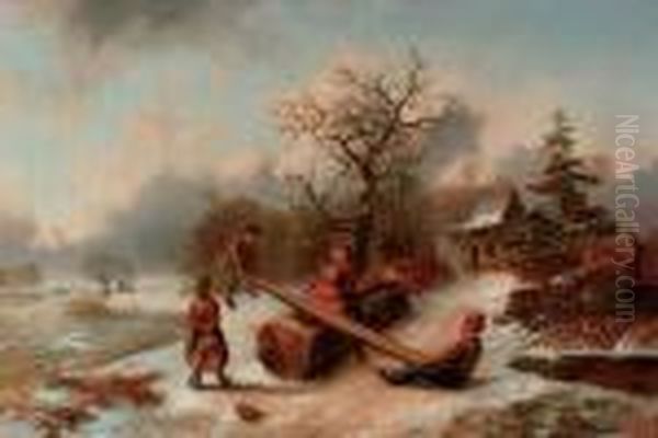 Playing In The Snow Oil Painting by Alexis de Leeuw