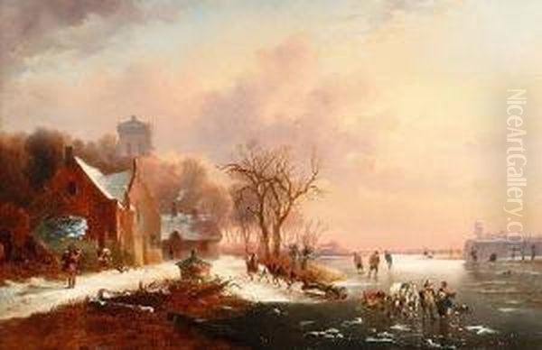 Winter Landscape With Figures, Horses And Sleighs On A Frozen Lake Oil Painting by Alexis de Leeuw