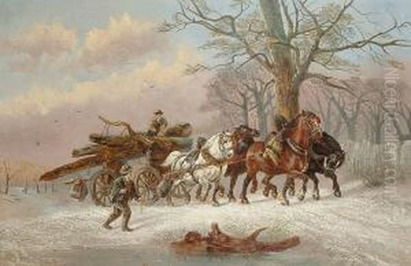 A Log Team In Winter. Oil Painting by Alexis de Leeuw