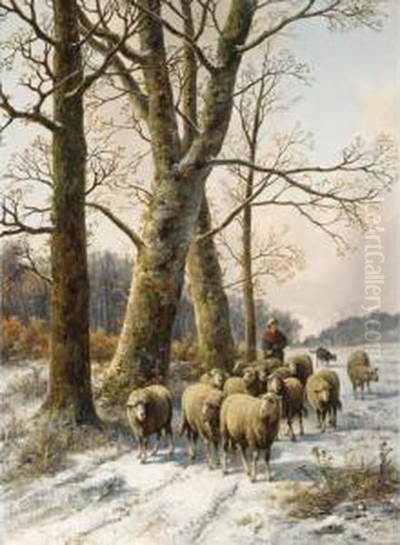 A Shepherd In A Winter Landscape Oil Painting by Alexis de Leeuw