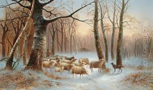 Drover And Sheep In A Wooded Landscape At Sunset Oil Painting by Alexis de Leeuw