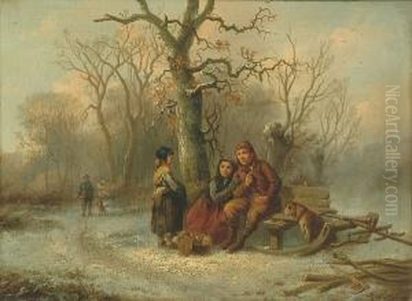 A Snow Scene With A Woodman Pausing For Lunch Oil Painting by Alexis de Leeuw