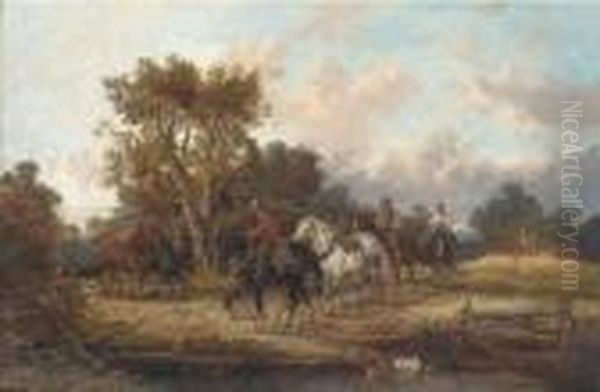 Horsemen By A Stream Oil Painting by Alexis de Leeuw