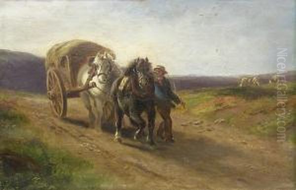 Heavy Horses Driving A Hay Cart Oil Painting by Alexis de Leeuw