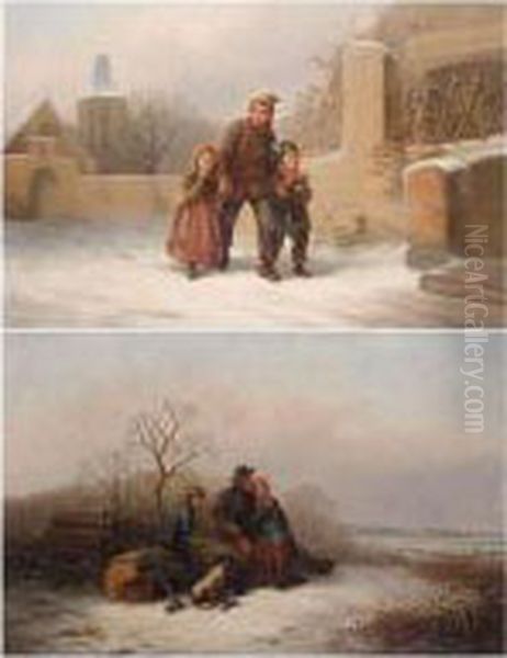 The Woodcutter's Family; On The Way To School Oil Painting by Alexis de Leeuw