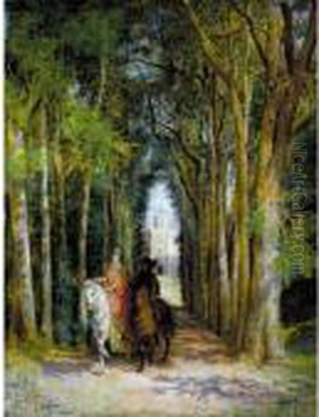 El Paseo De Los Amantes (lovers On Horseback) Oil Painting by Ignacio Leon y Escosura