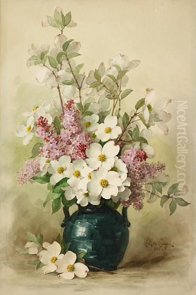 Lilacs And Dogwood In A Blue Vase Oil Painting by Paul De Longpre