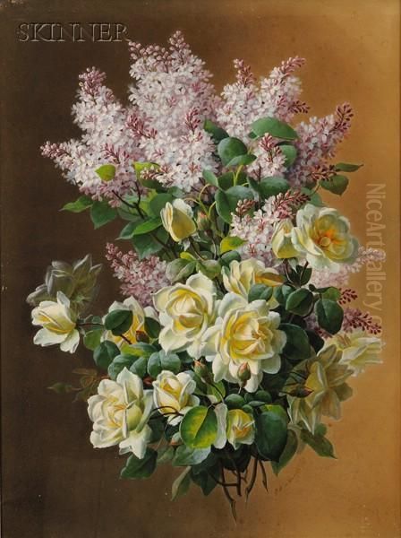 Still Life With Lilacs And Yellow Roses Oil Painting by Paul De Longpre