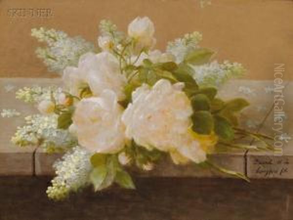 White Roses And Lilacs Upon A Marble Sill Oil Painting by Paul De Longpre