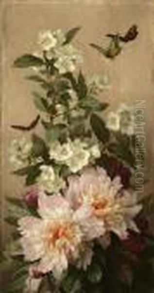 Still Life - Peonies And Butterflies Oil Painting by Paul De Longpre