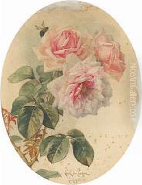 Pink Roses And A Bumblebee Oil Painting by Paul De Longpre