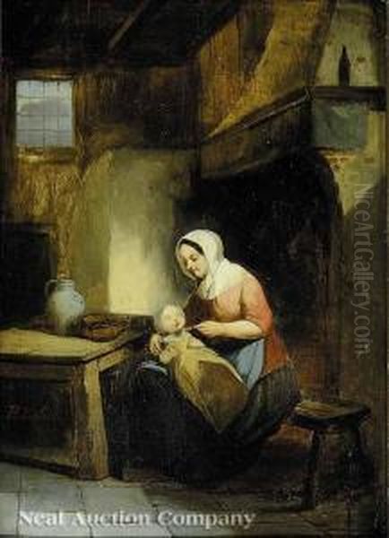 A Mother Feeding Her Child By The Kitchen Fire Oil Painting by Basile De Loose