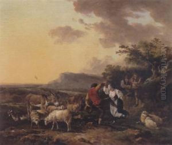 Shepherd And Shepherdess Dancing Amidst Their Flock In A Landscape Oil Painting by Loutherbourg, Philippe de