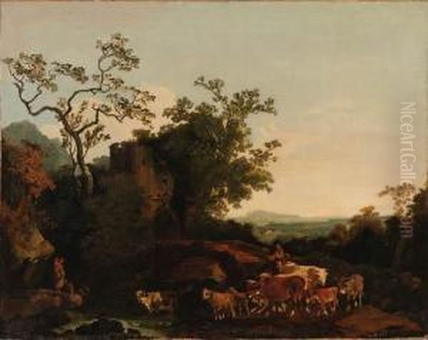 A Wooded River Landscape With A Herdsman Fording A Stream Oil Painting by Loutherbourg, Philippe de