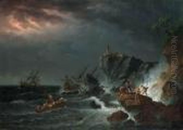 A Rocky Coast In A Storm With A 
Shipwrecked Sailing Boat Andfishermen Casting A Rope To A Rowing Boat In
 Peril Oil Painting by Loutherbourg, Philippe de