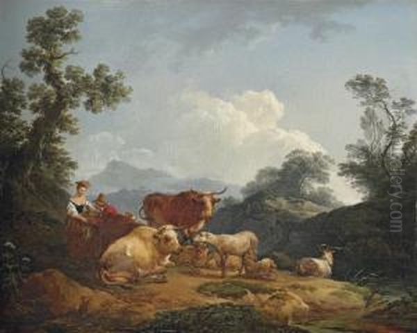 A Mountainous Wooded Landscape With A Drover And His Cattle, And Ashepherdess Oil Painting by Philip Jacques de Loutherbourg