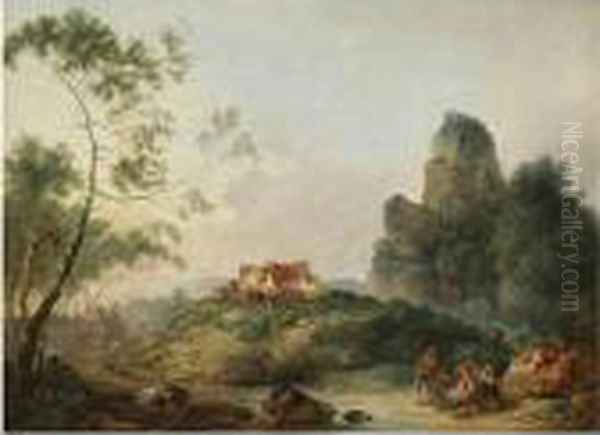 A Rocky Landscape With Herdsmen Resting Beside A Stream Oil Painting by Philip Jacques de Loutherbourg