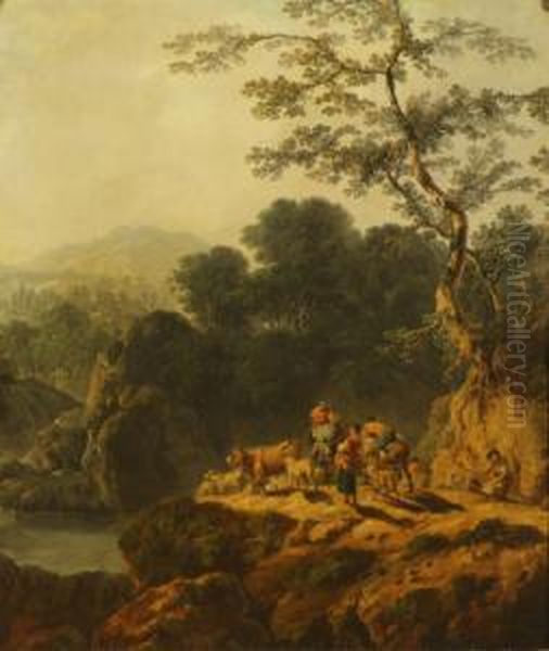 River Valley Landscape With 
Herdsman And Travellers,mules Cattle And Sheep On A Cliff Top Path, 
Trees And Mountainsbeyond Oil Painting by Philip Jacques de Loutherbourg