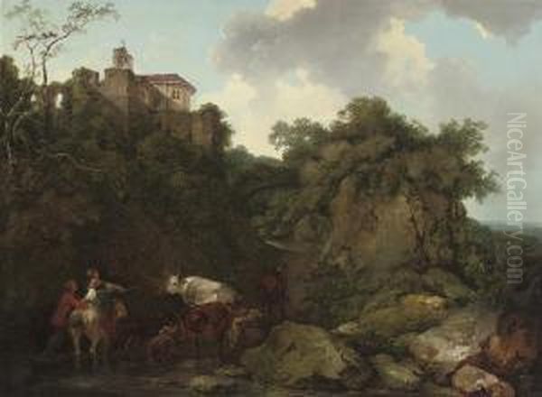 A Rocky Wooded Landscape With Peasants And Cattle On A Track, Aclassical Building Beyond Oil Painting by Philip Jacques de Loutherbourg