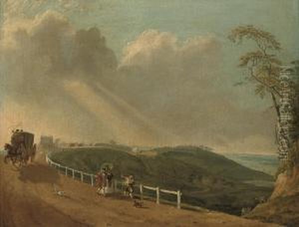 A View Of Hampstead Heath With A
 Coach And Travellers In The Foreground, Kenwood House Beyond Oil Painting by Philip Jacques de Loutherbourg