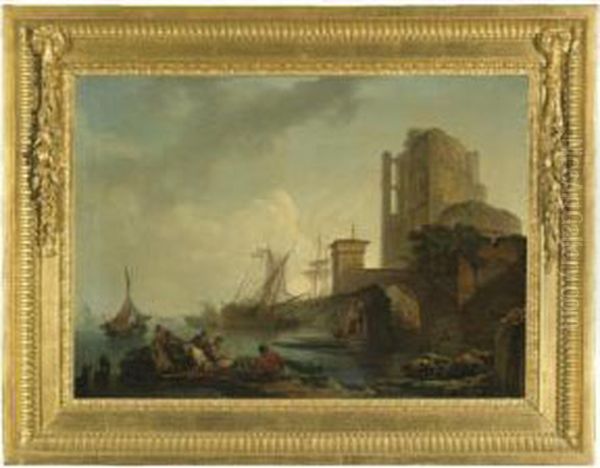 A Calm: A Harbour Scene, With Fishermen Resting Near Ruins Oil Painting by Philip Jacques de Loutherbourg