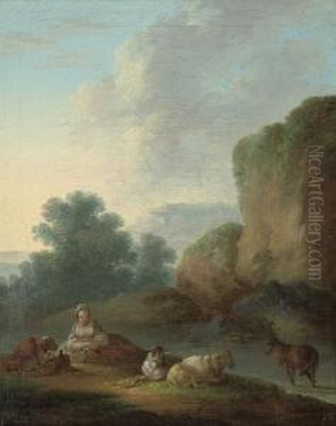 A River Landscape With A Shepherdess Resting With Her Flock Oil Painting by Philip Jacques de Loutherbourg