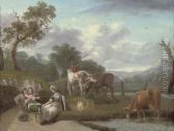 A Wooded River Landscape With Cattle And Figures In The Foreground, Cottages Beyond Oil Painting by Philip Jacques de Loutherbourg