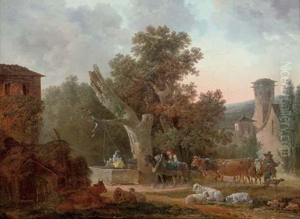 A Village Landscape With A Mule Leading Cattle, A Mother And Child At A Well Oil Painting by Philip Jacques de Loutherbourg