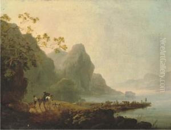 Wooded Lakeside Landscape With 
Figures And Horses In The Foregroundand Figures, Livestock And A Ferry 
Beyond Oil Painting by Philip Jacques de Loutherbourg