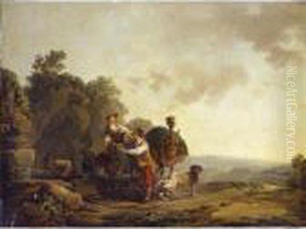 Travellers With Hounds And Heavily Laden Mules At A Well Oil Painting by Philip Jacques de Loutherbourg