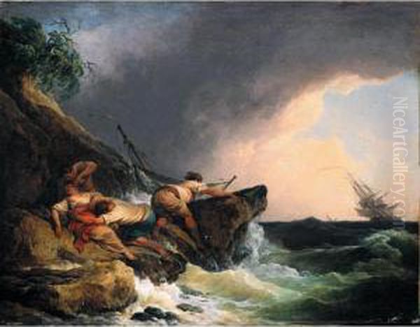 A Rocky Coastal Landscape In A 
Storm With A Shipwrecked Sailing Boat And People In Distress Clinging 
Onto A Rock Oil Painting by Philip Jacques de Loutherbourg