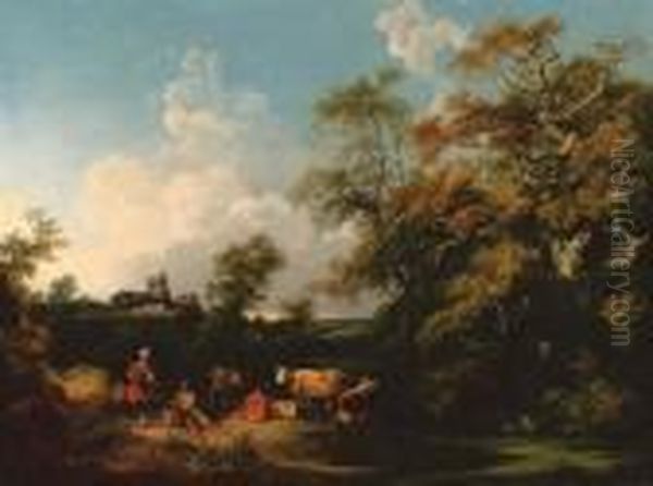 A Wooded River Landscape With A Milkmaid, Herdsman And Cattle, Achurch Beyond Oil Painting by Philip Jacques de Loutherbourg