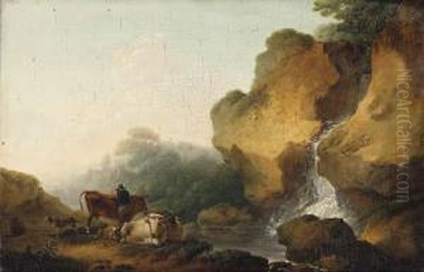 A Rocky Landscape With Herdsmen Resting Before A Waterfall Oil Painting by Philip Jacques de Loutherbourg