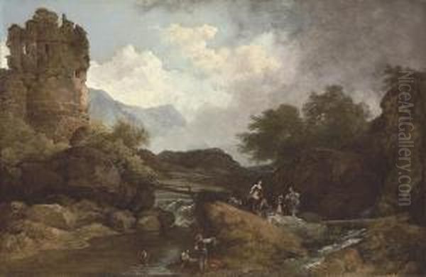 A Wooded River Landscape, With A Ruin And Travellers Oil Painting by Loutherbourg, Philippe de