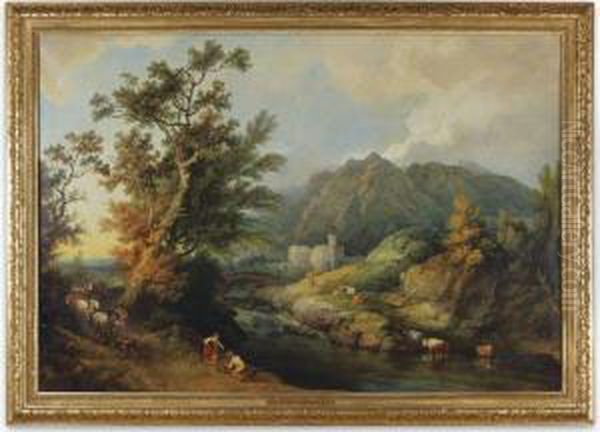 Landscape With Peasants By A River, A Castle Beyond Oil Painting by Loutherbourg, Philippe de