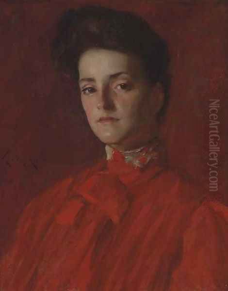 A Lady in Red Oil Painting by William Merritt Chase