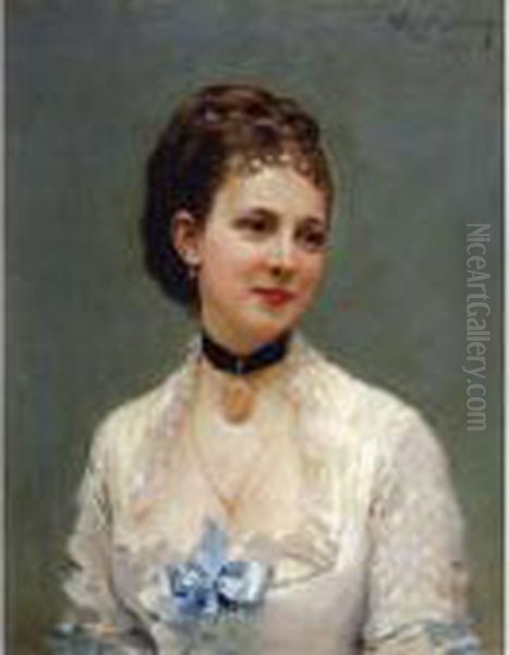 Joven Con Lazo Azul (young Lady With A Blue Ribbon) Oil Painting by Raimundo de Madrazo y Garreta