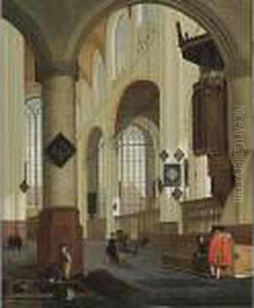 The Interior Of The Oude Kerk In
 Delft, From The Southern Aisle To The Northern Transept, With Elegant 
Couples, And Men Digging In The Foreground Oil Painting by Cornelis De Man