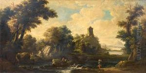 Travellers And Fishermen In An 
Italianate Landscape, With A City In The Distance And Mountain On The 
Horizon Oil Painting by Alessio De Marchis