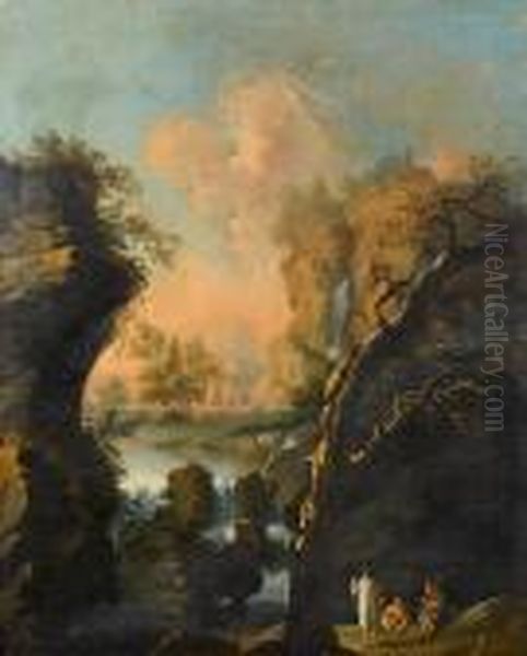 A Rocky River Landscape With Figures Restingbeside A Waterfall Oil Painting by Alessio De Marchis