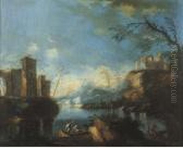 Paesaggio Fluviale Con Astanti Vari, Borgo Diroccato E Rovine Inlontananza Oil Painting by Alessio De Marchis