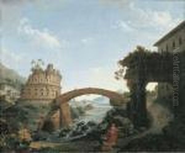 Paesaggio Laziale Con Il Tempio Di Vespasiano In Primo Piano E Rovine Classiche Oil Painting by Alessio De Marchis