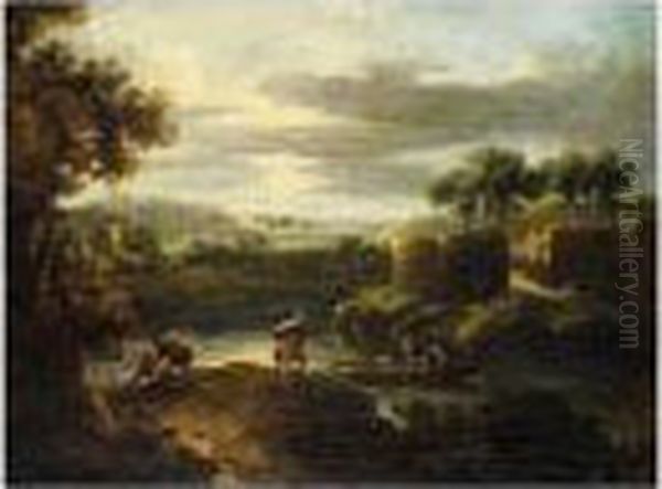 A River Landscape At Dusk, With Figures By A River Oil Painting by Alessio De Marchis