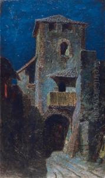 Effetto Di Luna Sulle Antiche Architetture Oil Painting by Mario De Maria