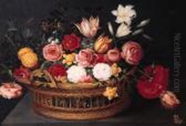 Tulips, Roses, Lilies, A Peony, 
Forget-me-nots, Anemone And Otherflowers With A Butterfly In A Basket, 
On A Stone Ledge Oil Painting by Phillipe de Marlier