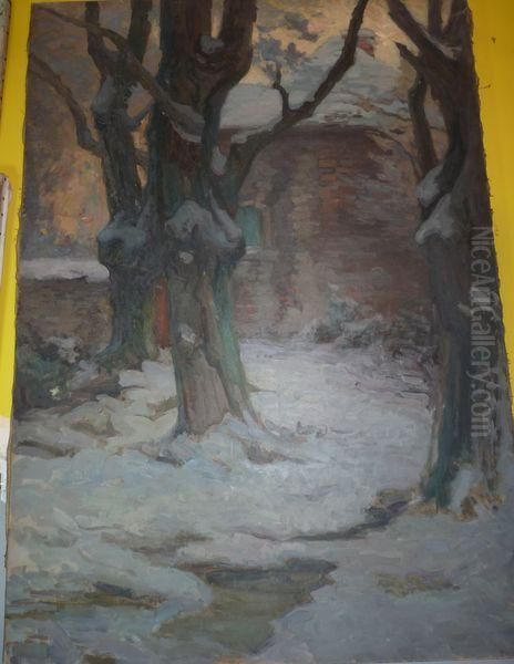 Arbres Et Maisons Sous La Neige Oil Painting by Etienne De Martenne