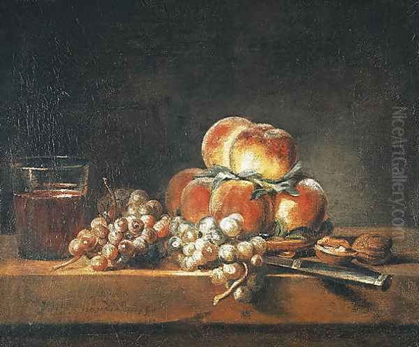 Still Life of Peaches, Nuts, Grapes and a Glass of Wine, 1758 Oil Painting by Jean-Baptiste-Simeon Chardin