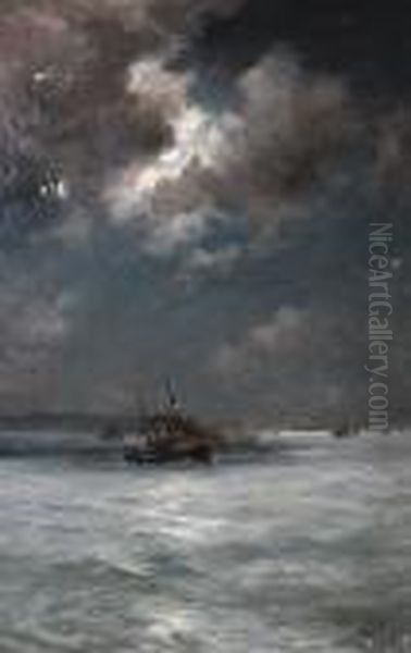 A Paddle Steamer On A Moonlit Sea Oil Painting by Eduardo de Martino