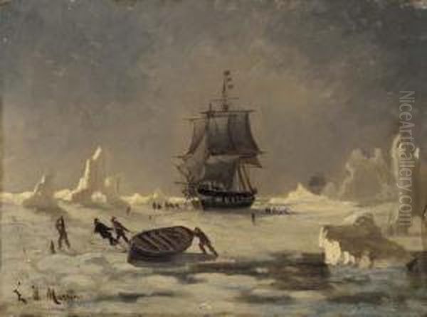 Whalers Breaking Through The Ice Oil Painting by Eduardo de Martino