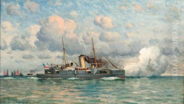 A Chilean Gunboat Firing A Salute Oil Painting by Eduardo de Martino